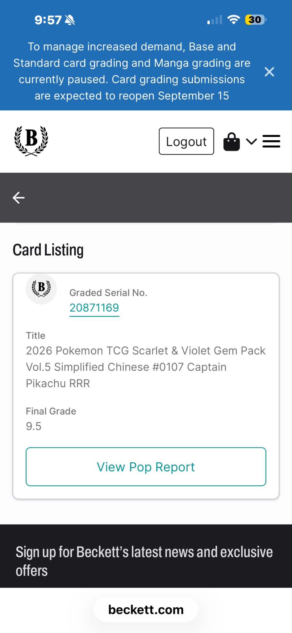 Pokémon TCG 2026 Chinese Gem Pack Vol. 5 CAPTAIN PIKACHU 0107 Full Art BGS GEM MINT 9.5 Consigned Slab