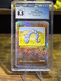 A graded holographic Pokémon card of Onix from the 2002 Legendary Collection, graded 8.5 by CGC, displayed in a clear plastic slab on a stand over a wooden surface.
